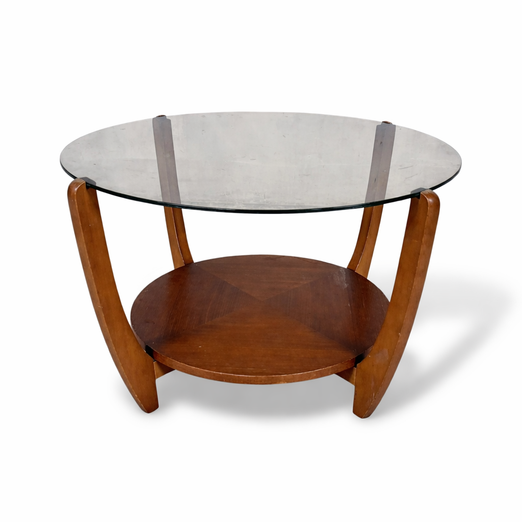 Mid Century Smoked Glass & Teak Round Coffee Table