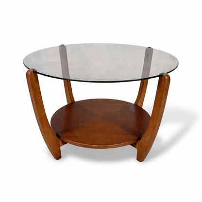 Mid Century Smoked Glass & Teak Round Coffee Table
