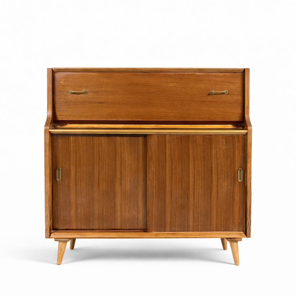 Mid Century Writing Bureau – Vintage Walnut Teak Compact Drop Front Desk