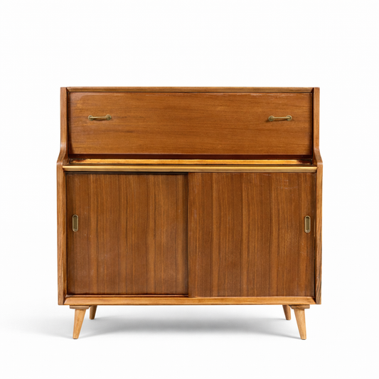 Mid Century Writing Bureau – Vintage Walnut Teak Compact Drop Front Desk