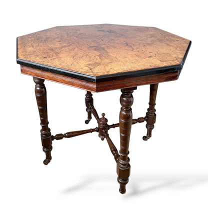 Antique Burr Walnut Table | Compact Octagonal Dining Table with Ebonised Edge & Mahogany Base