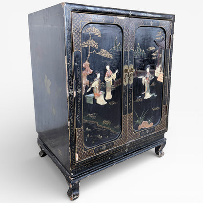 Chinese Black Lacquer Cocktail Cabinet with Mother of Pearl Inlay