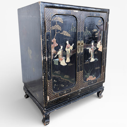 Chinese Black Lacquer Cocktail Cabinet with Mother of Pearl Inlay