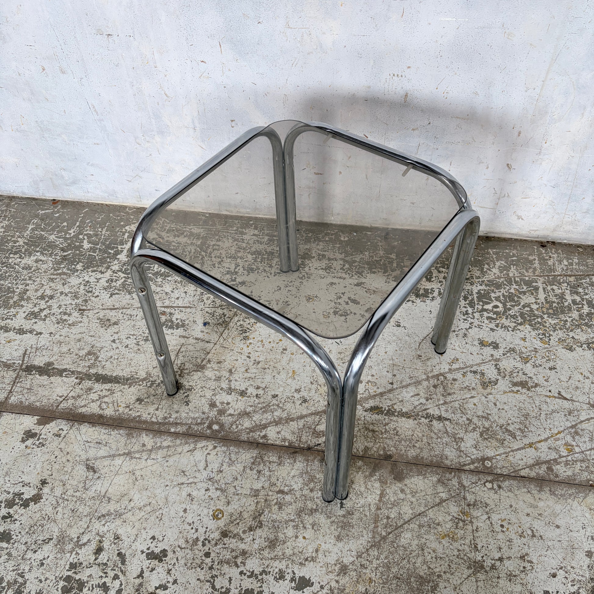 Vintage Chrome & Smoked Glass Side Table Mid Century Tubular Chrome