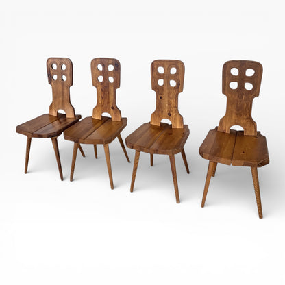 Folk Brutalist Chairs | Solid Wood Mid Century Dining Set of Four | Hand Carved