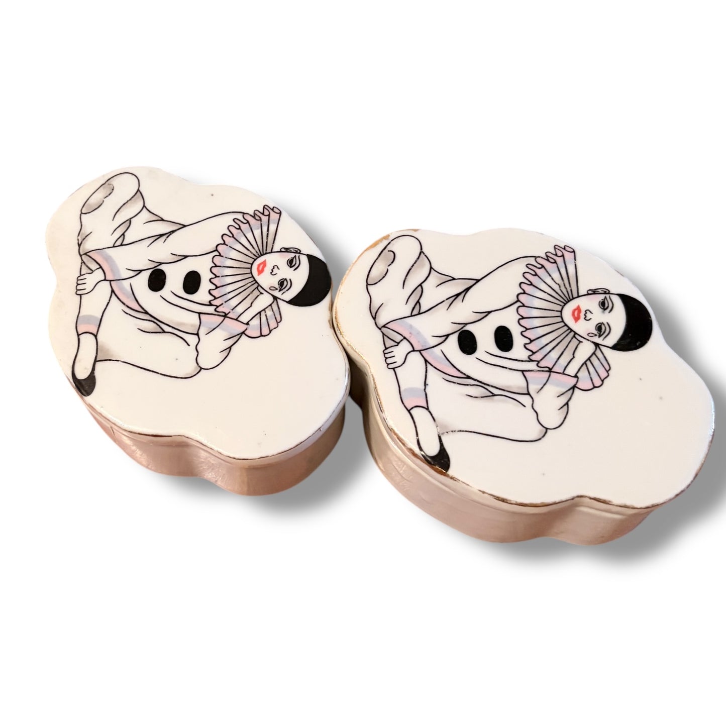 Vintage Pierrot Clown Porcelain Trinket Boxes – Pair