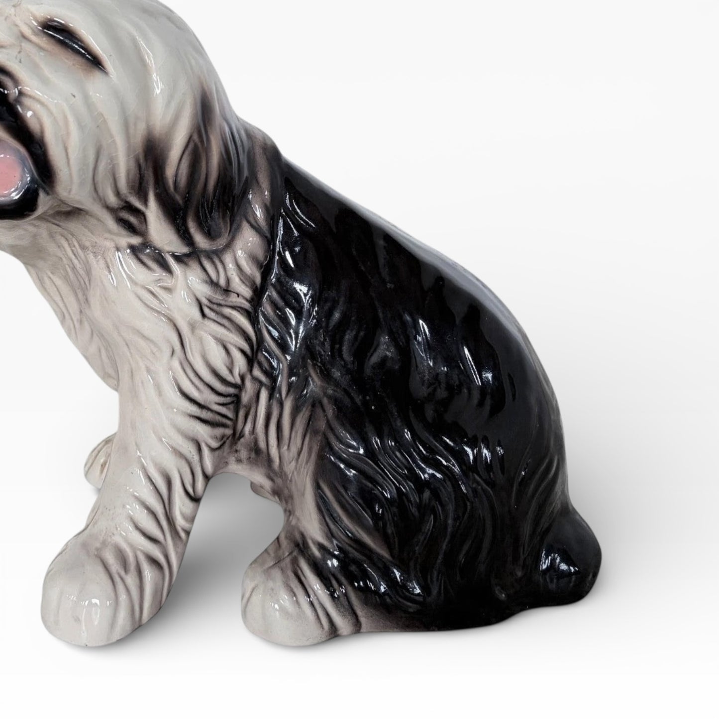 Large Vintage Old English Sheepdog Ceramic Statue – Mid-Century Black & White Glazed Dog Sculpture