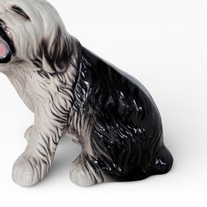 Large Vintage Old English Sheepdog Ceramic Statue – Mid-Century Black & White Glazed Dog Sculpture