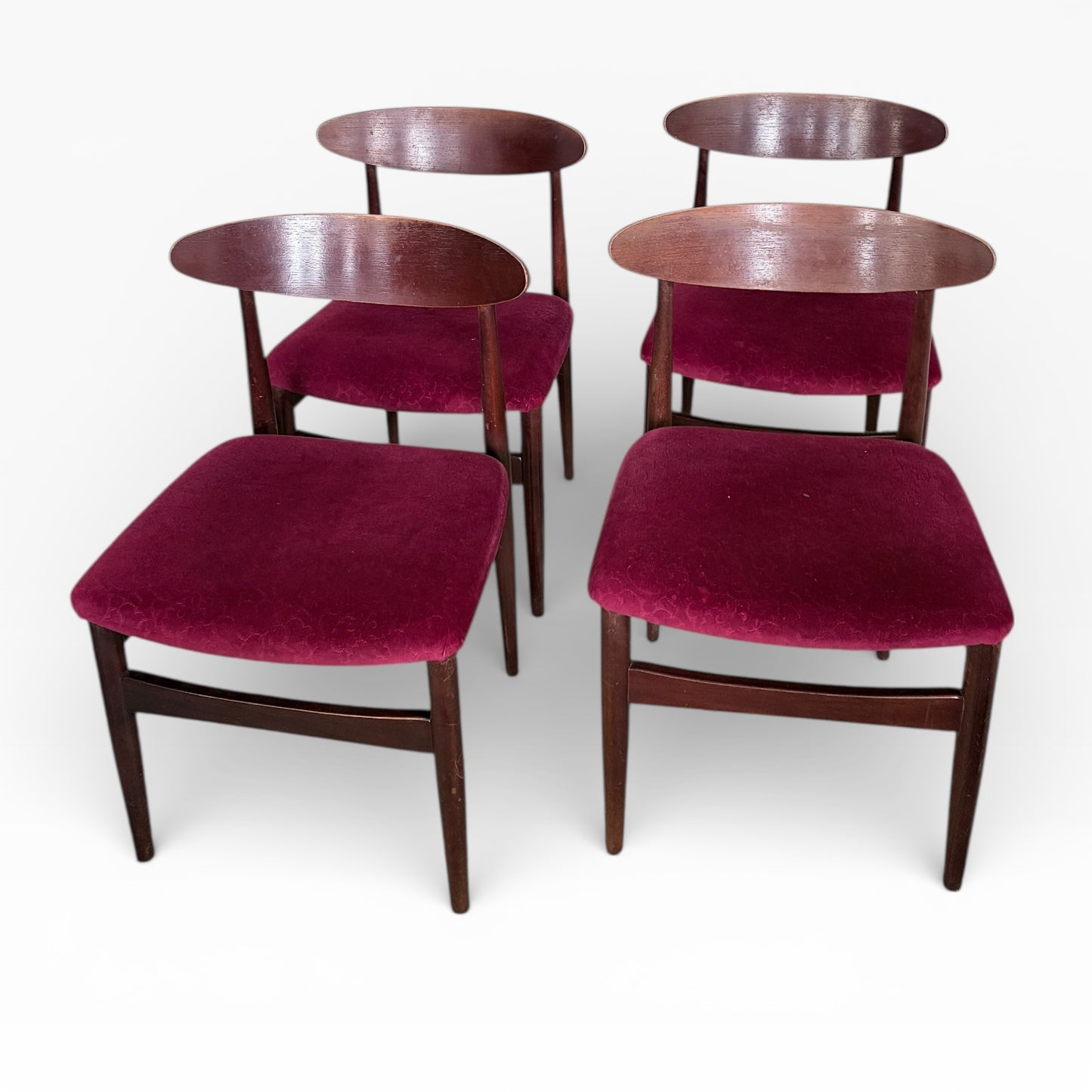 Teak Dining Chairs – Mid-Century Modern British Design | Burgundy Upholstered Set