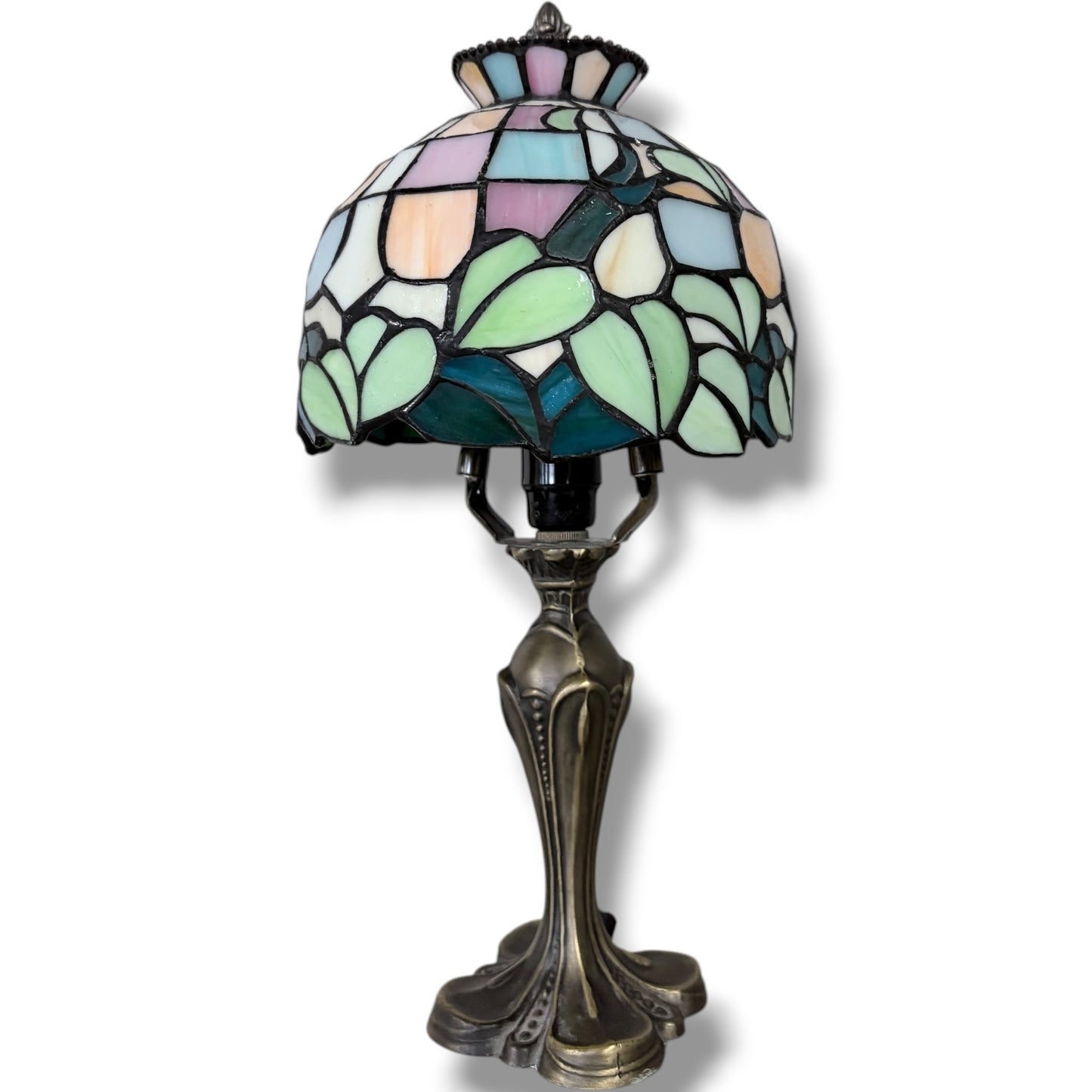 Tiffany Stained Glass Lamp – Vintage Table Lamp with Pastel Floral Shade & Bronze Base — view 3