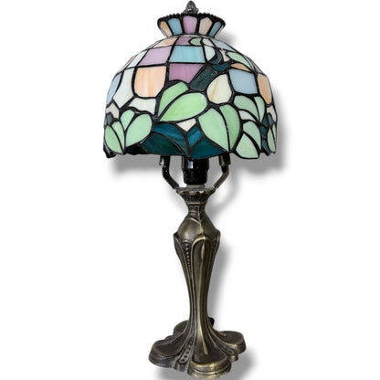 Tiffany Stained Glass Lamp – Vintage Table Lamp with Pastel Floral Shade & Bronze Base — view 3