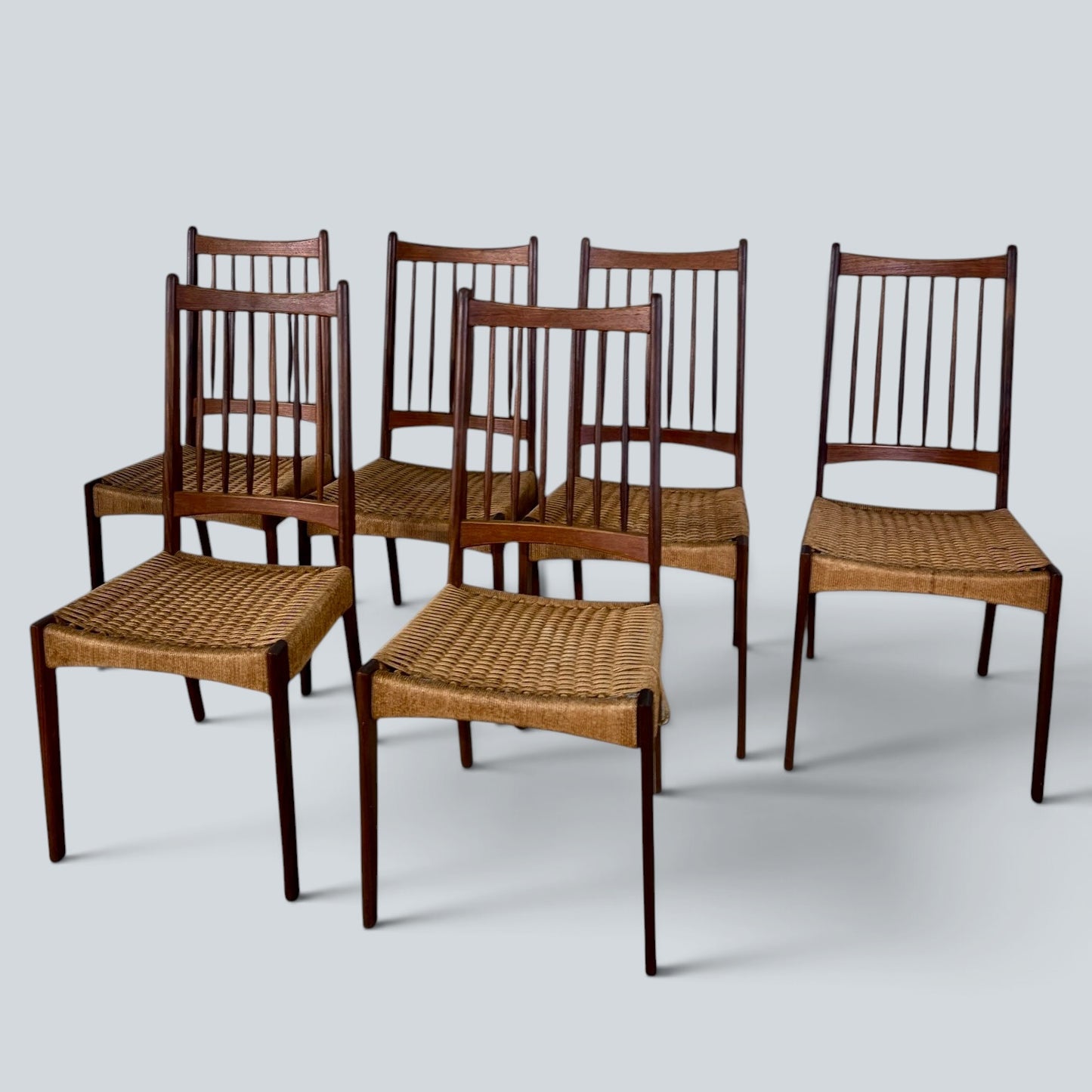 Arne Hovmand-Olsen MK200 Dining Chairs Set of 6 Danish Mid Century Teak & Paper Cord Chairs