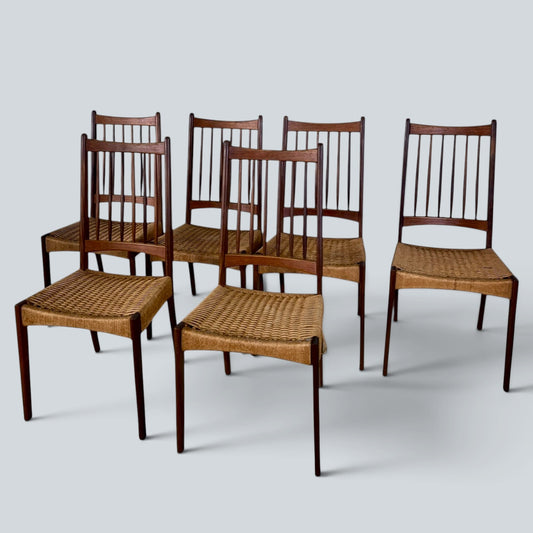 Arne Hovmand-Olsen MK200 Dining Chairs Set of 6 Danish Mid Century Teak & Paper Cord Chairs