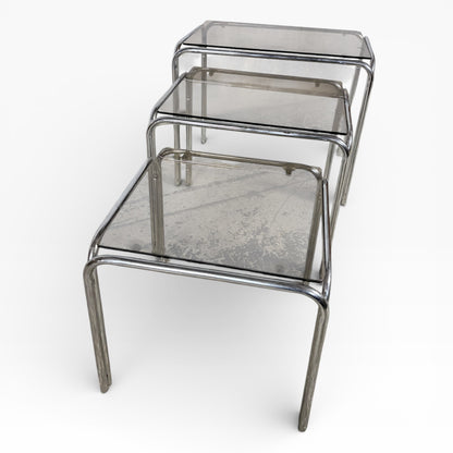 Mid Century Smoked Glass & Tubular Chrome Nest of Tables