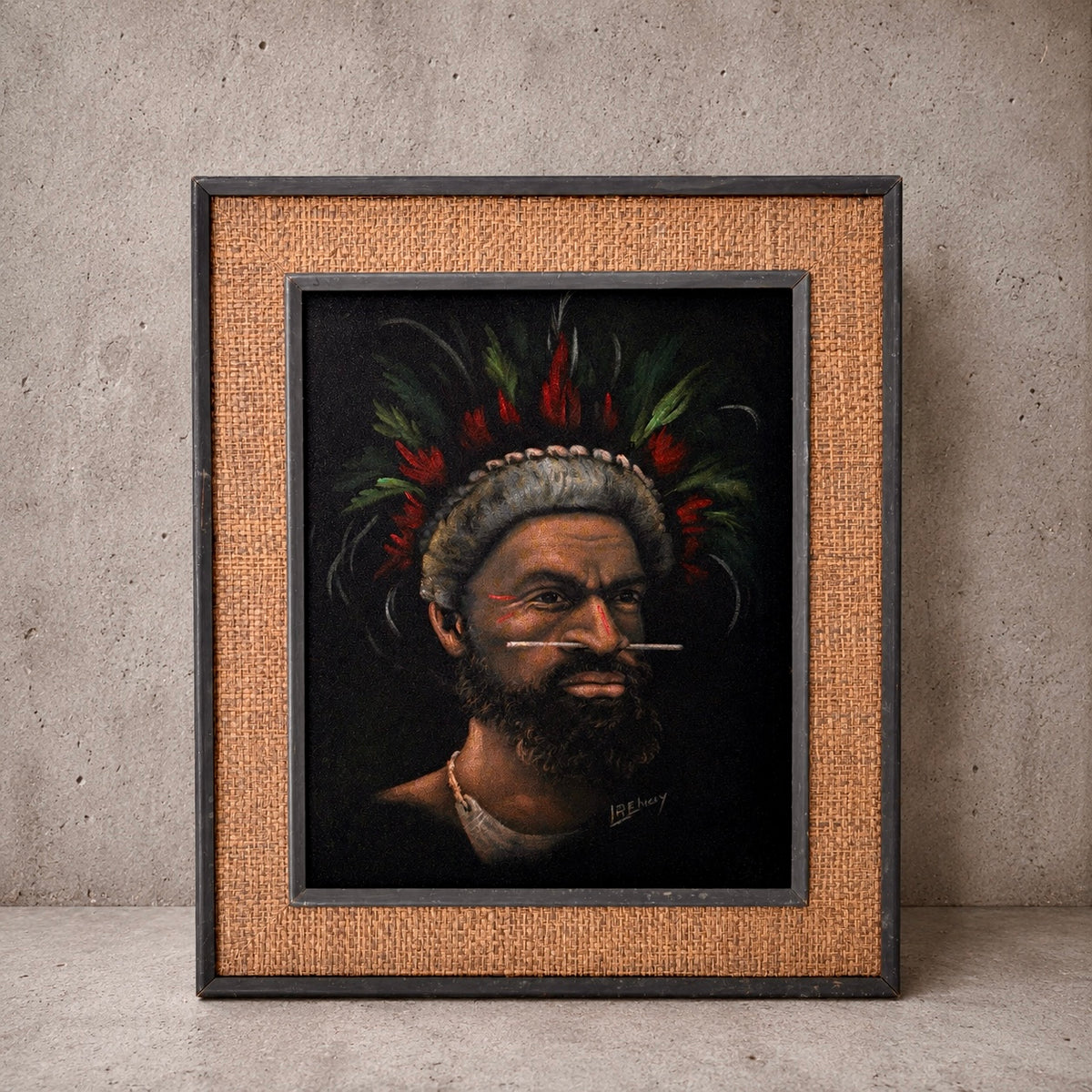 Vintage Signed Oil Portrait of a Papuan Highlander by L. Rewey | Original Mid-Century Framed Oil Painting