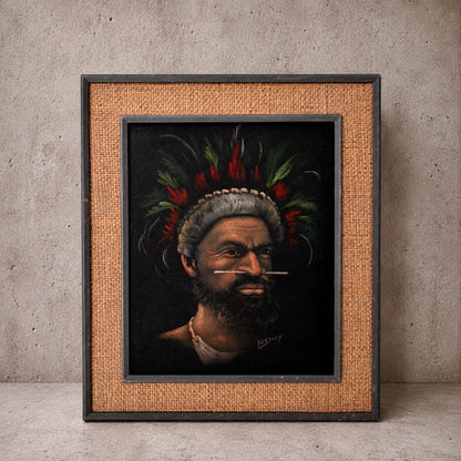 Vintage Signed Oil Portrait of a Papuan Highlander by L. Rewey | Original Mid-Century Framed Oil Painting