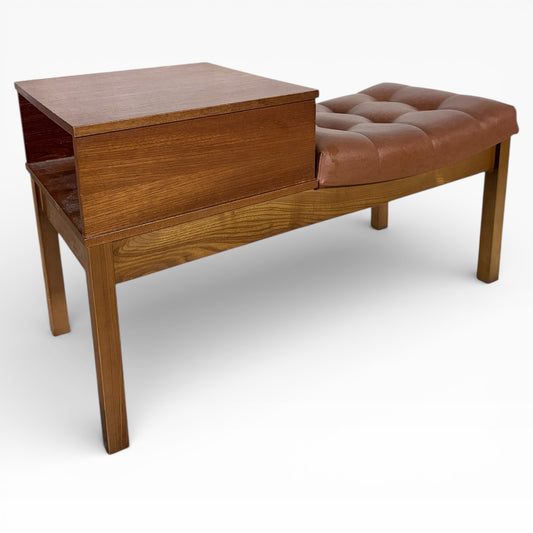Mid Century Teak Bench - Vintage Hall Bench with Leather Upholstered Seat & Storage
