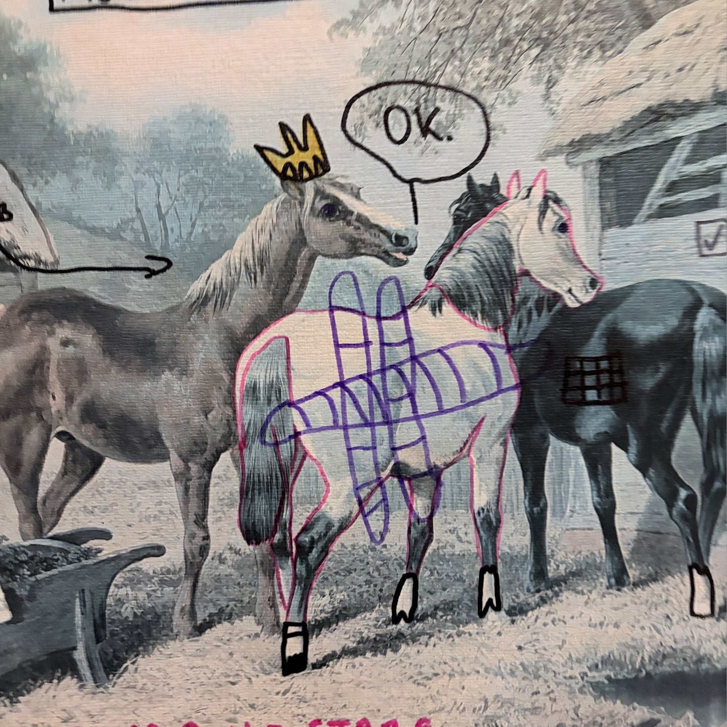 Contemporary Anti-Art Print – One-Off Hand-Annotated Horse Mixed Media Artwork