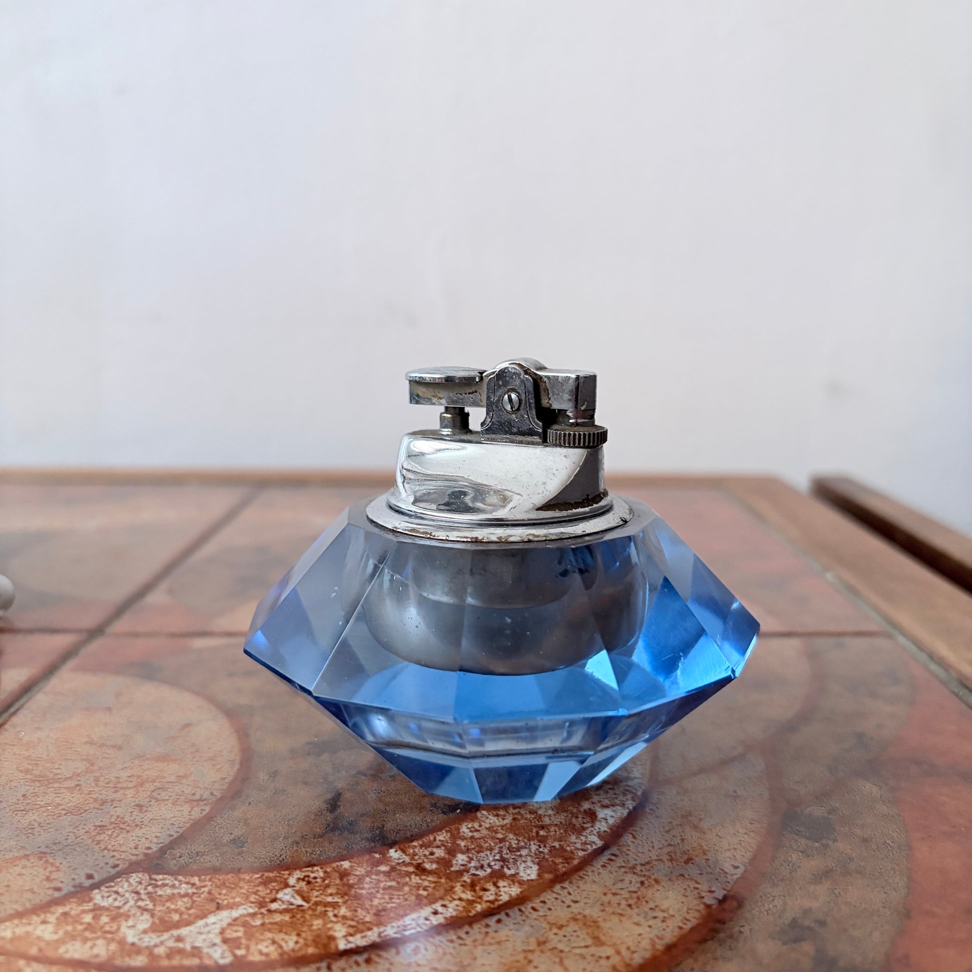 Vintage Blue Faceted Crystal Glass Table Lighter – Mid-Century