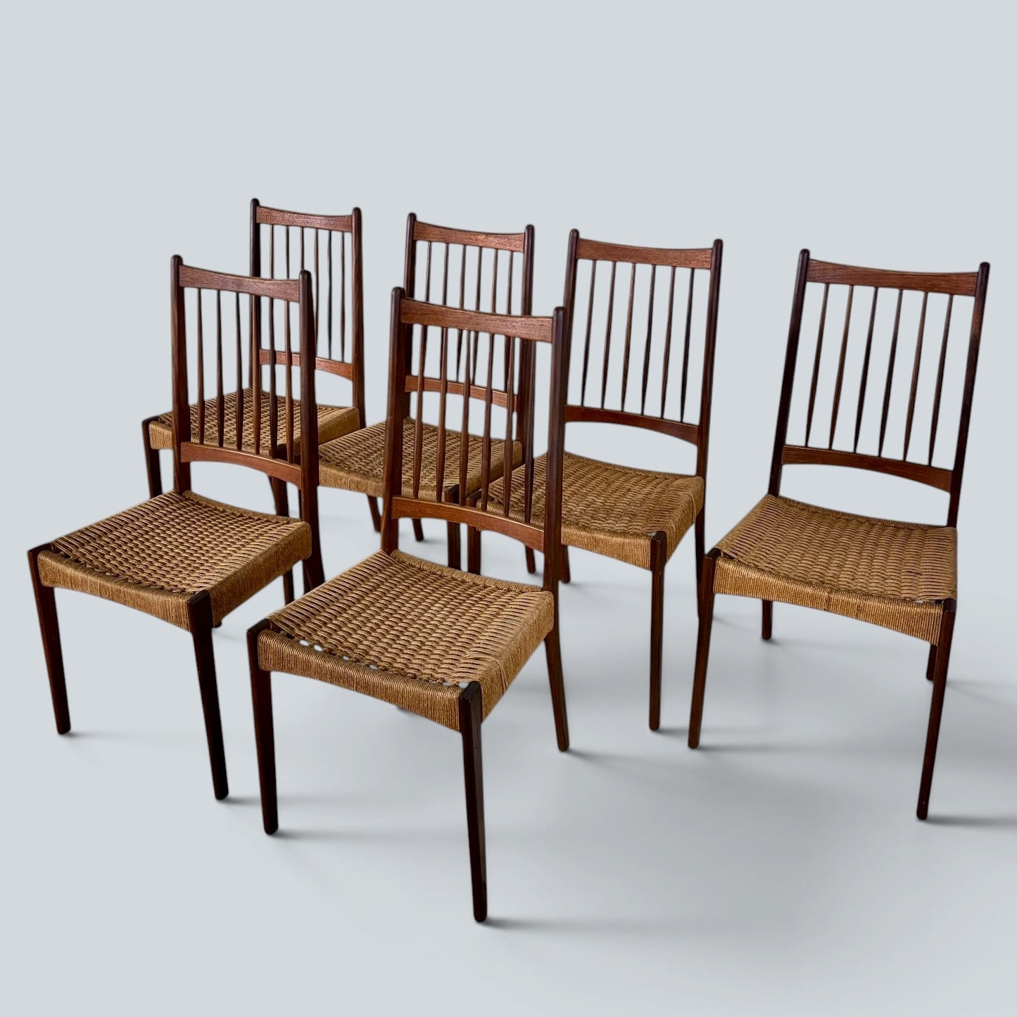 Arne Hovmand-Olsen MK200 Dining Chairs Set of 6 Danish Mid Century Teak & Paper Cord Chairs