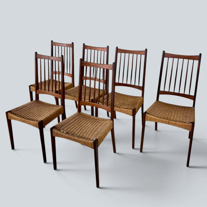Arne Hovmand-Olsen MK200 Dining Chairs Set of 6 Danish Mid Century Teak & Paper Cord Chairs