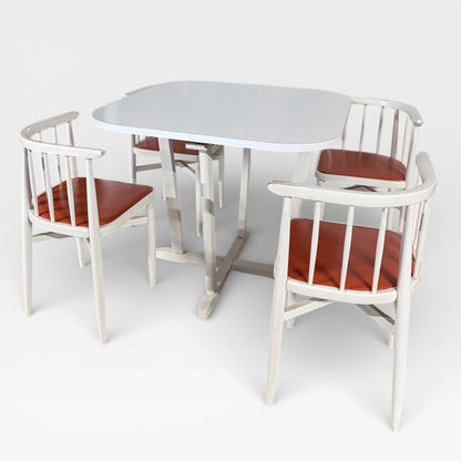 Vintage Thonet Nesting Dining Table with Four Chairs – White Bentwood, Mid-Century Design