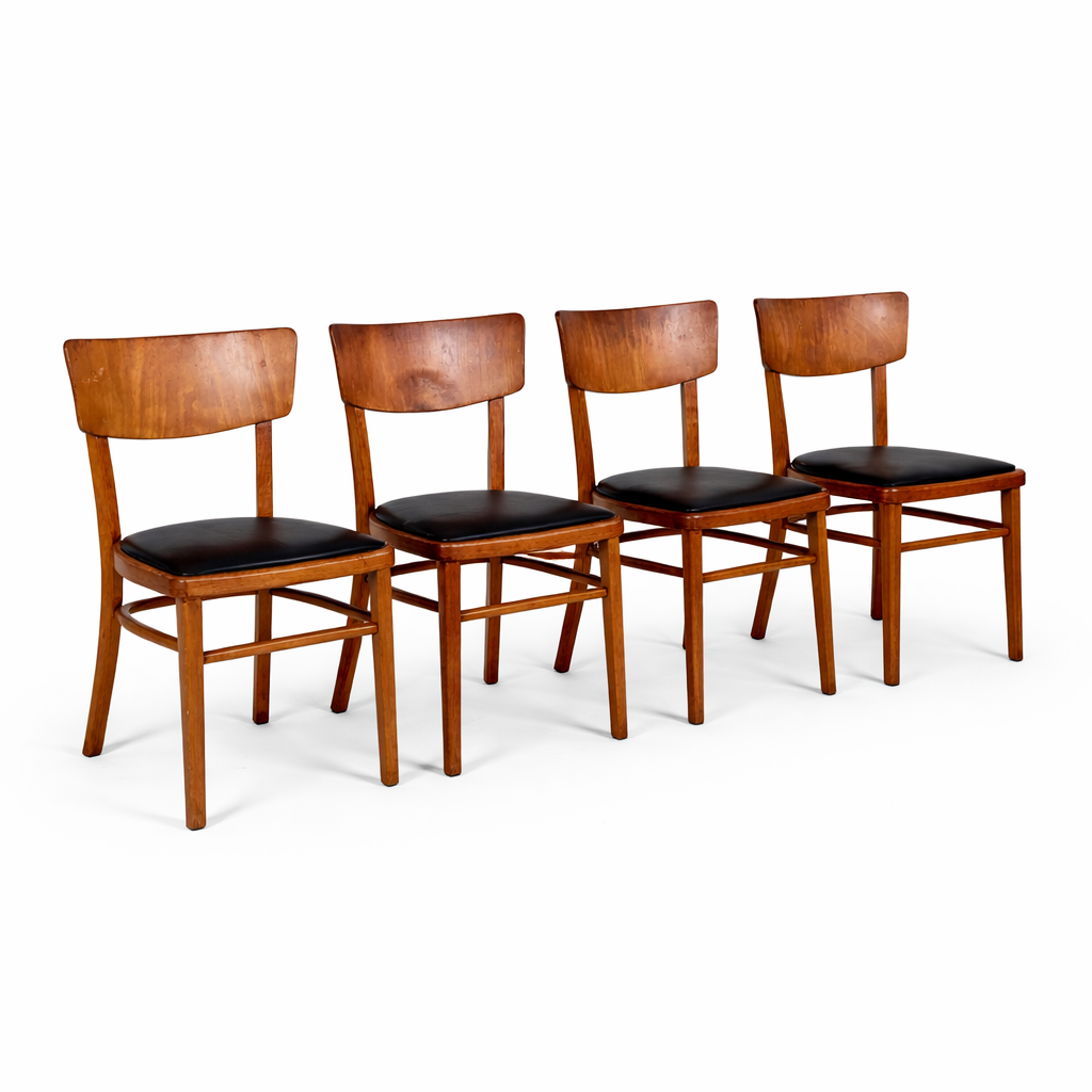Set of Four Mid-Century Beech Dining Chairs – Black Vinyl Seats