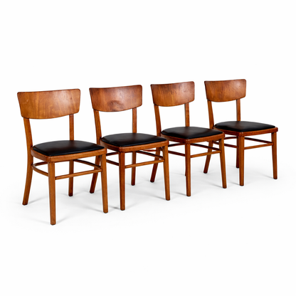 Set of Four Mid-Century Beech Dining Chairs – Black Vinyl Seats