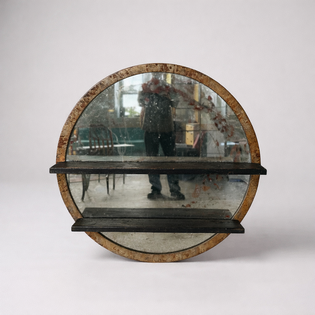 Antique Large Industrial Circular Mirror with Shelves