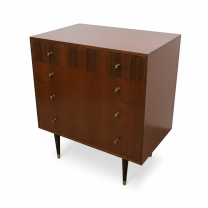Mid Century Chest Drawers – Four Drawer Chest with Atomic Style Legs & Brass Tips