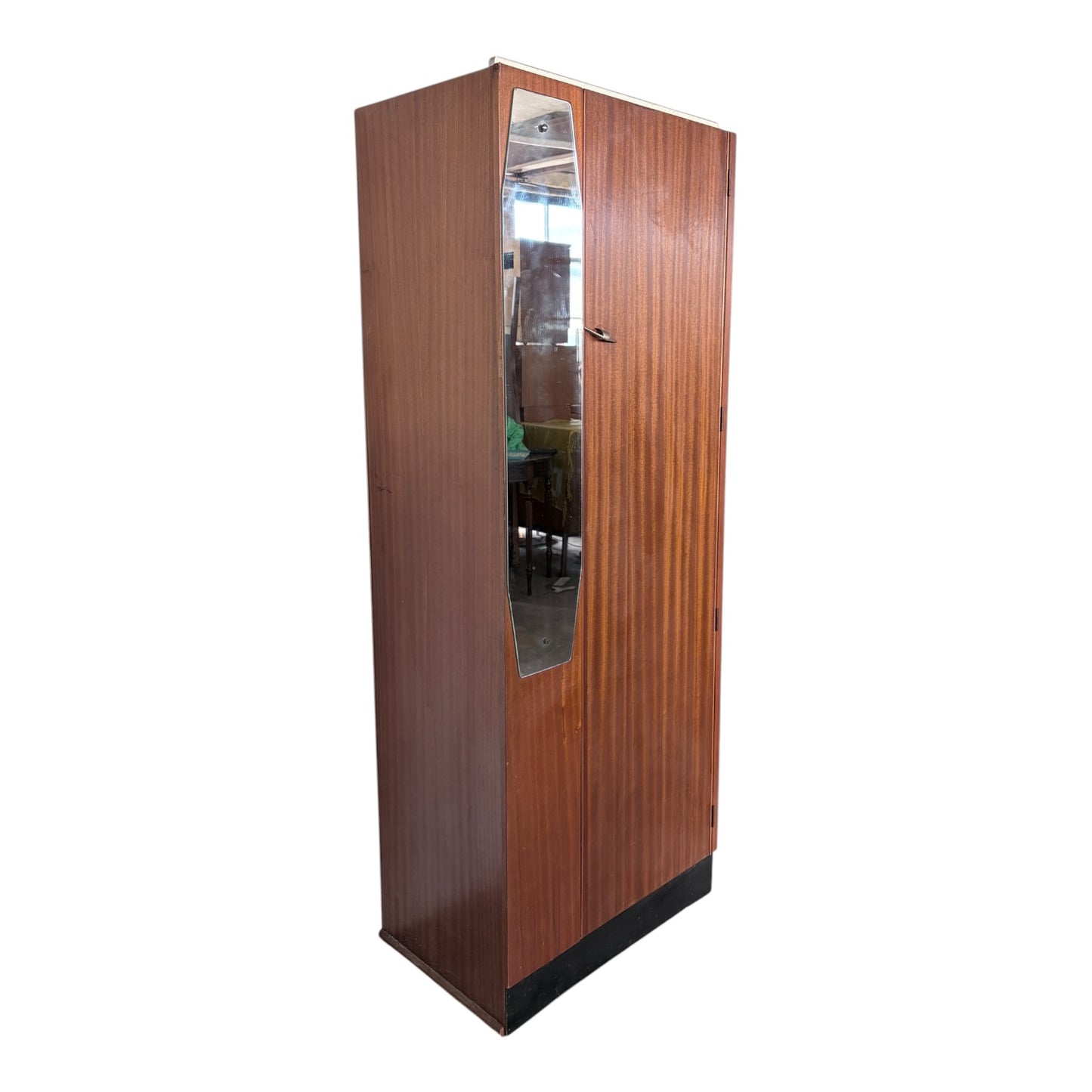 Mid Century Atomic Teak Single Wardrobe with Mirror Door – Compact Hanging Cabinet