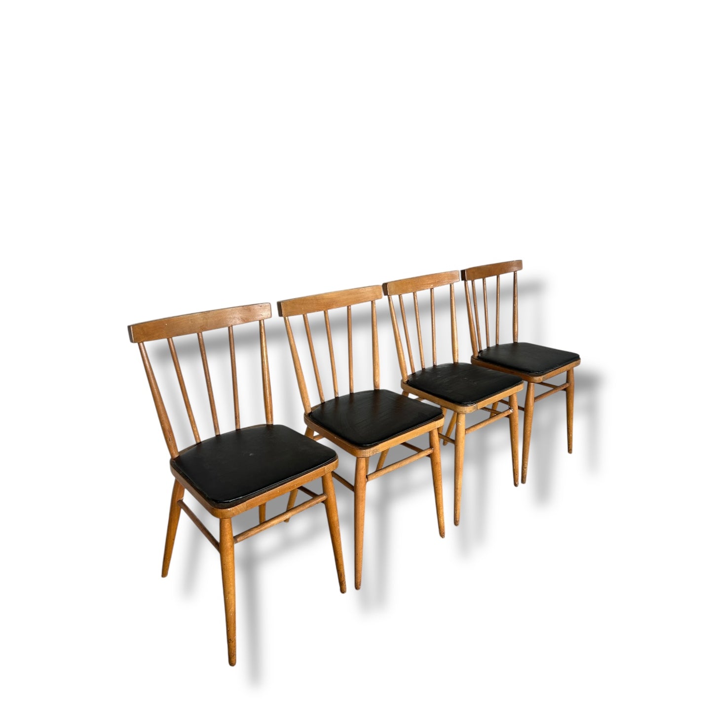 Set of 4 Vintage Stick Back Dining Chairs | Mid-Century Kitchen Chairs with Black Vinyl Seats
