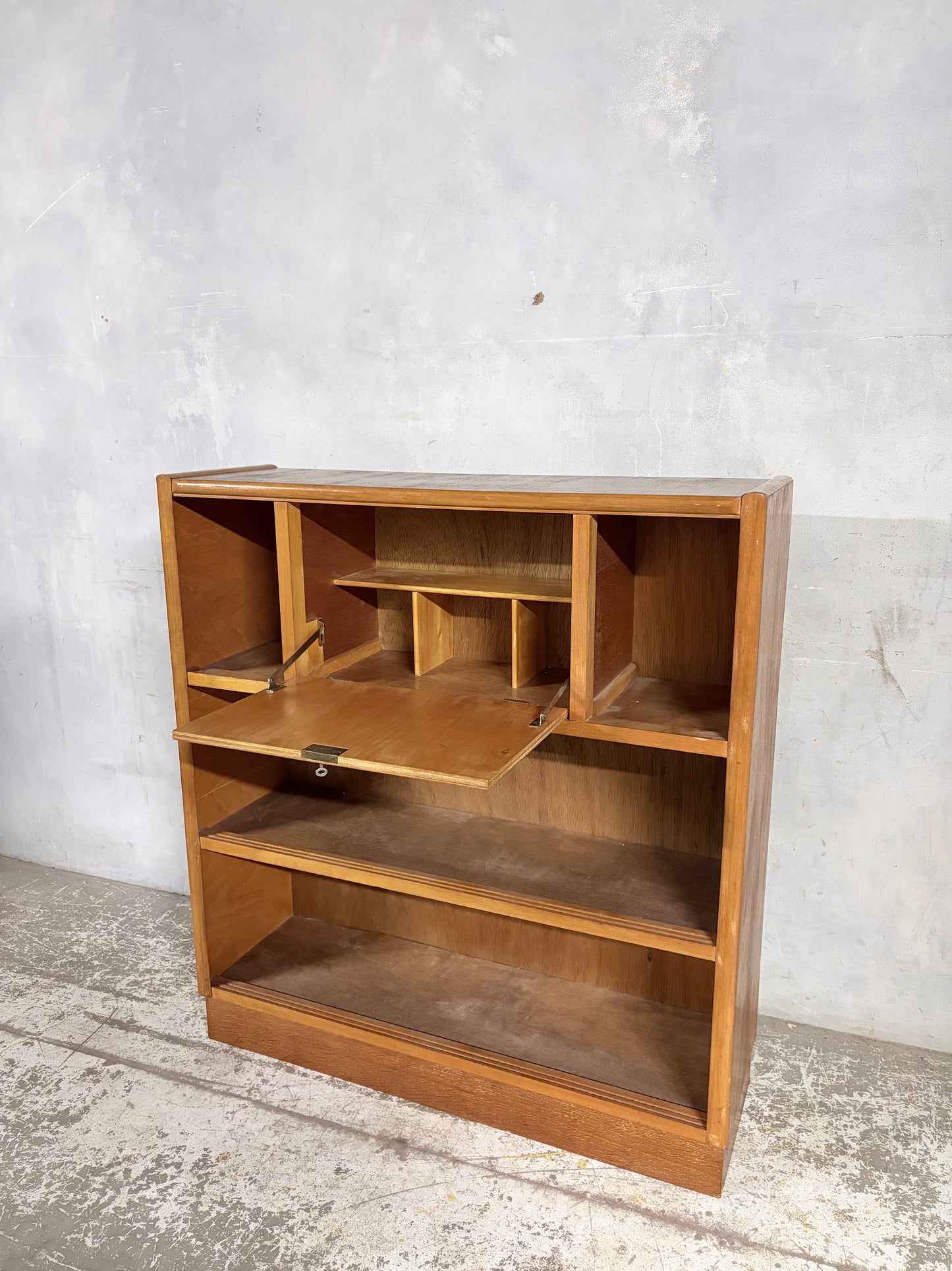 Nathan Oak Drop-Down Bureau Desk Cabinet with Sliding Glass Doors – Mid Century