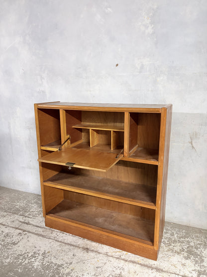 Nathan Oak Drop-Down Bureau Desk Cabinet with Sliding Glass Doors – Mid Century