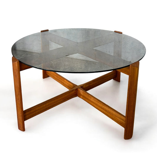 Mid Century Modern Myers Smoked Glass and Teak Wood Coffee Table