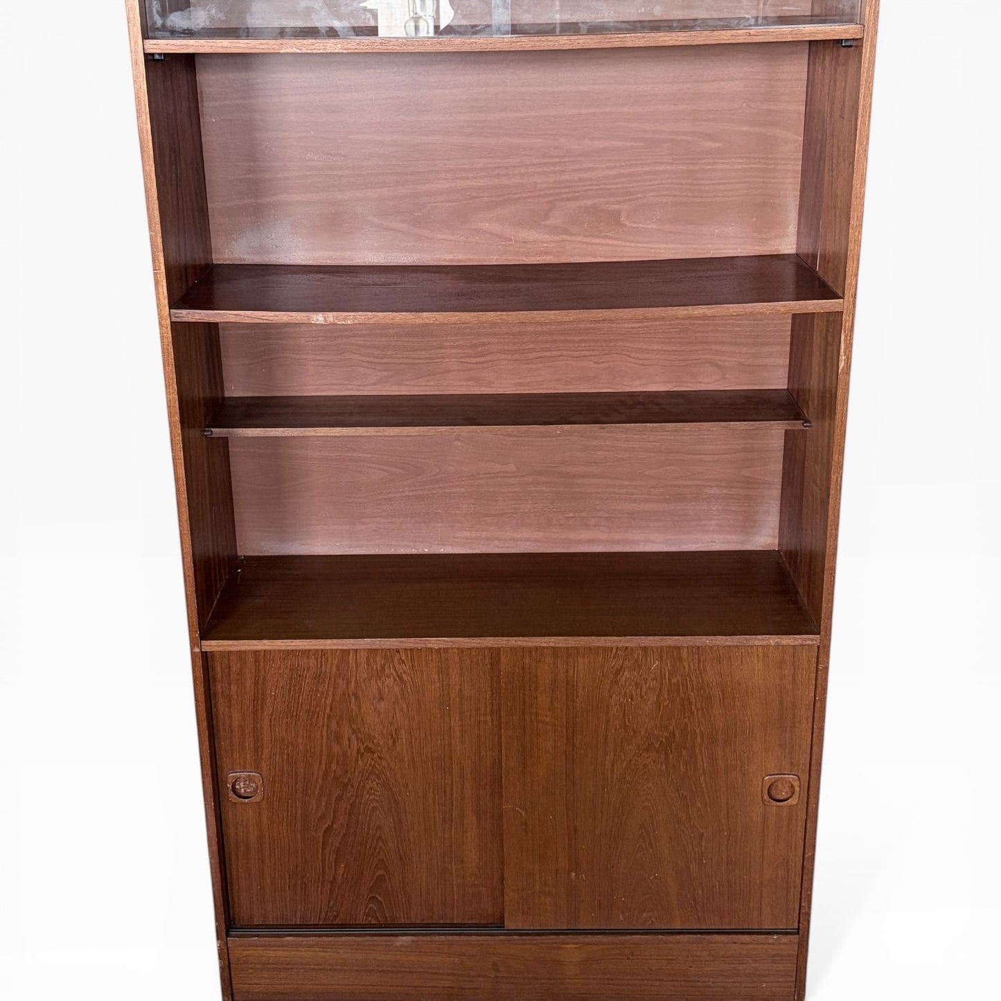 Vintage Danish Teak Tall Bookcase Cabinet with Sliding Doors