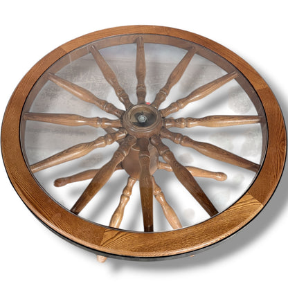 Vintage Ship Wheel Table – Elm and Oak Nautical Coffee Table with Glass Top