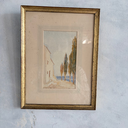Framed Vintage Watercolour – Dreamy Coastal Scene in Gilt Frame
