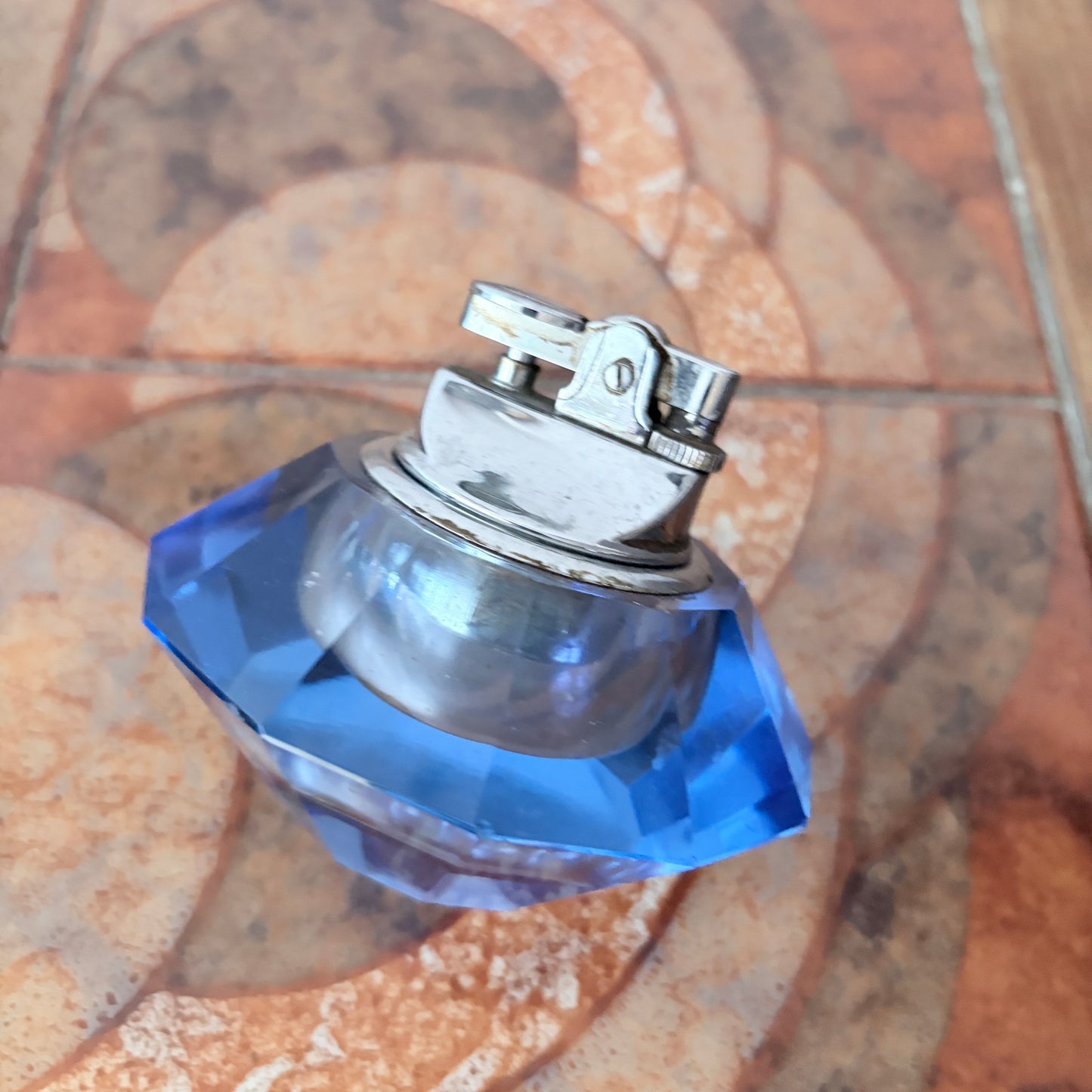 Vintage Blue Faceted Crystal Glass Table Lighter – Mid-Century