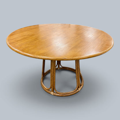 Vintage Italian Bamboo & Oak Round Dining Table with Four Beech & Rattan Chairs