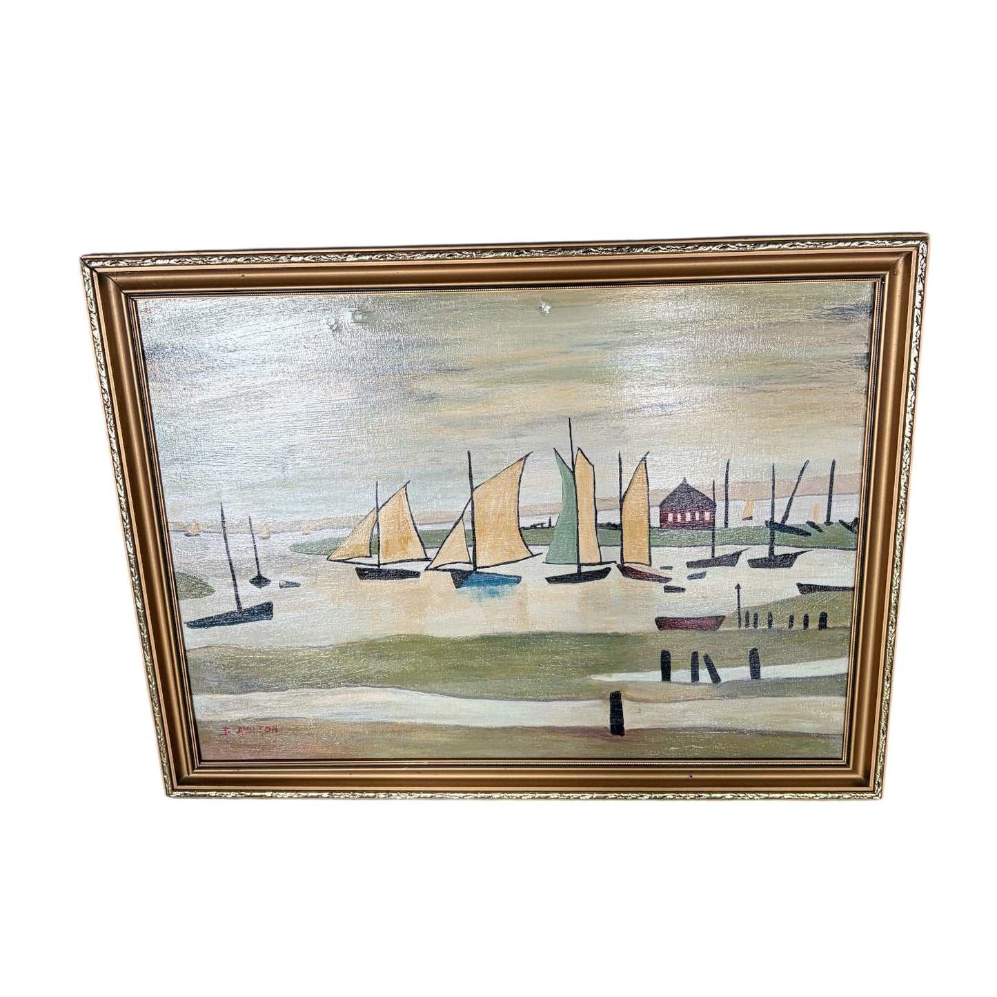 Vintage Coastal Harbour Painting by D. Ayrton – Sailboats & Shoreline in Ornate Gold Frame