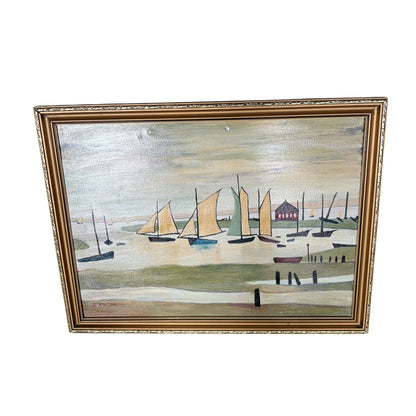 Vintage Coastal Harbour Painting by D. Ayrton – Sailboats & Shoreline in Ornate Gold Frame