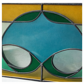 Vintage Stained Glass Window Panel – Geometric Leaded Glass in Green, Amber & Blue