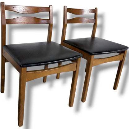 Mid Century Teak Chairs – Pair of Vintage Dining Seats with Black Upholstered Comfort