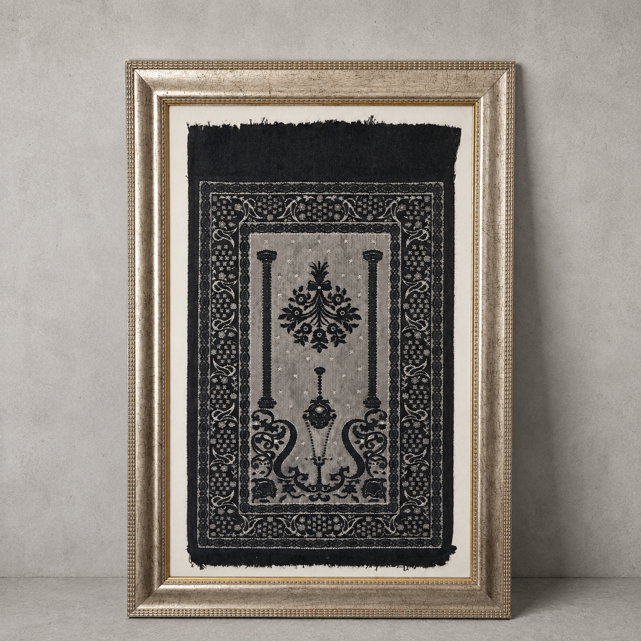 Framed Vintage Islamic Prayer Rug Woven Textile Wall Art Gold Frame