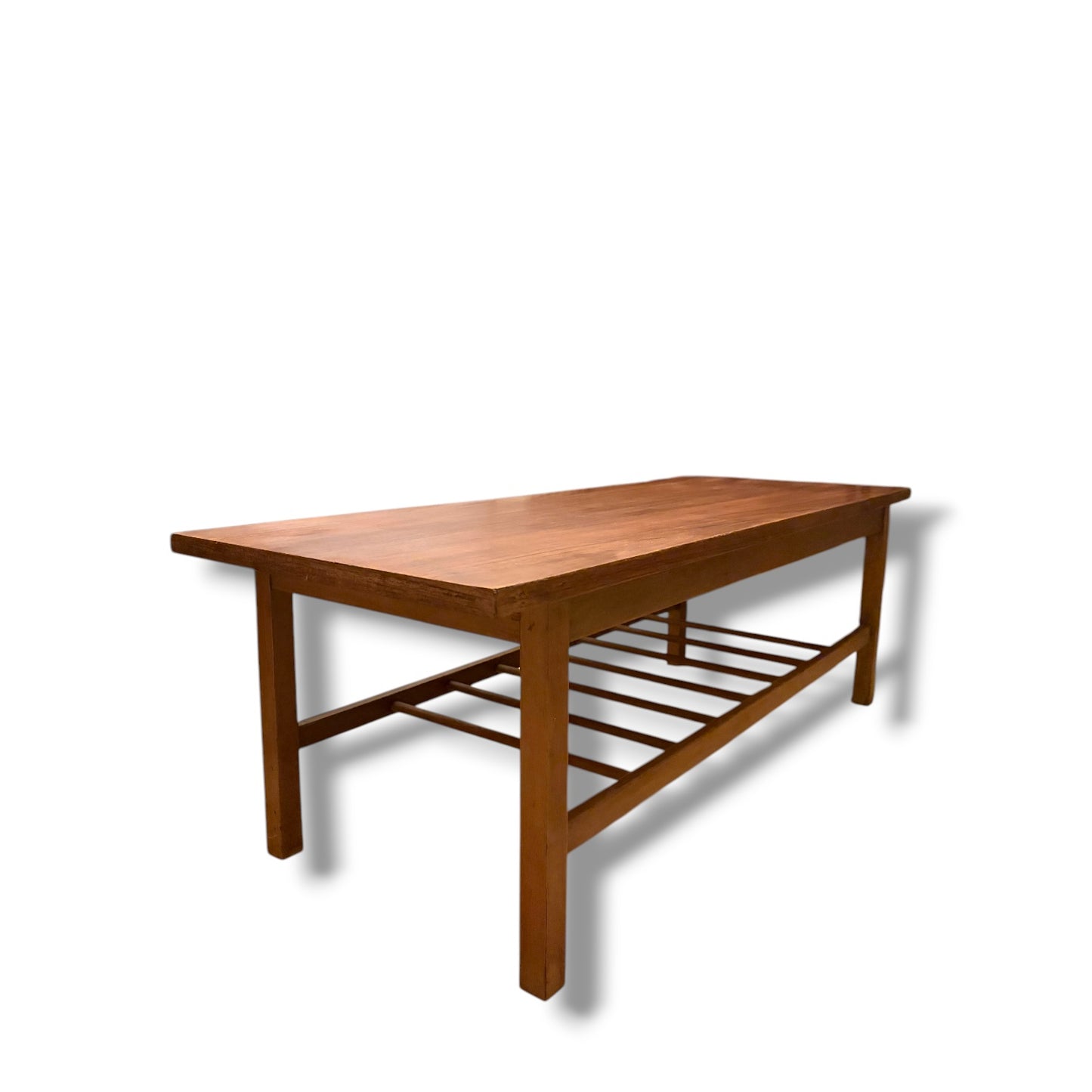 Danish Teak Coffee Table – Mid Century Vintage 1960s Solid Teak Top with Slatted Shelf