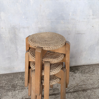 Mid Century Set of Four Stackable Rush Woven Stools