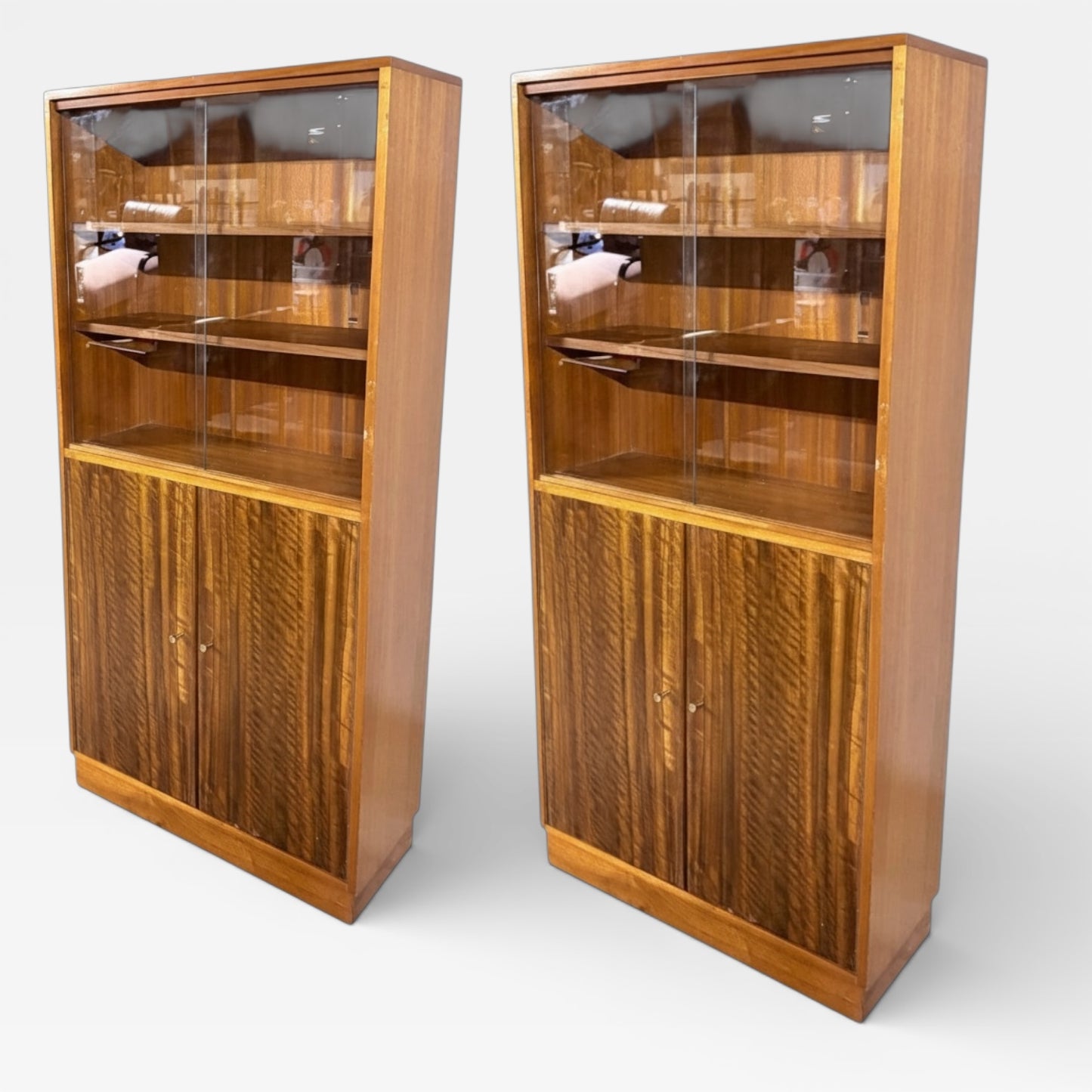 Morris of Glasgow Walnut & Teak Slim Bookcases — Matching Pair