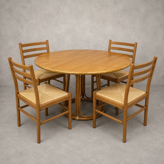 Vintage Italian Bamboo & Oak Round Dining Table with Four Beech & Rattan Chairs