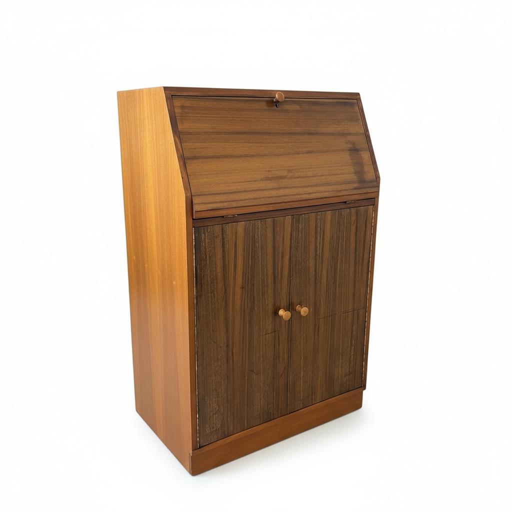 Mid Century Teak & Walnut Bureau Desk by Morris of Glasgow – Drop Front Writing Cabinet